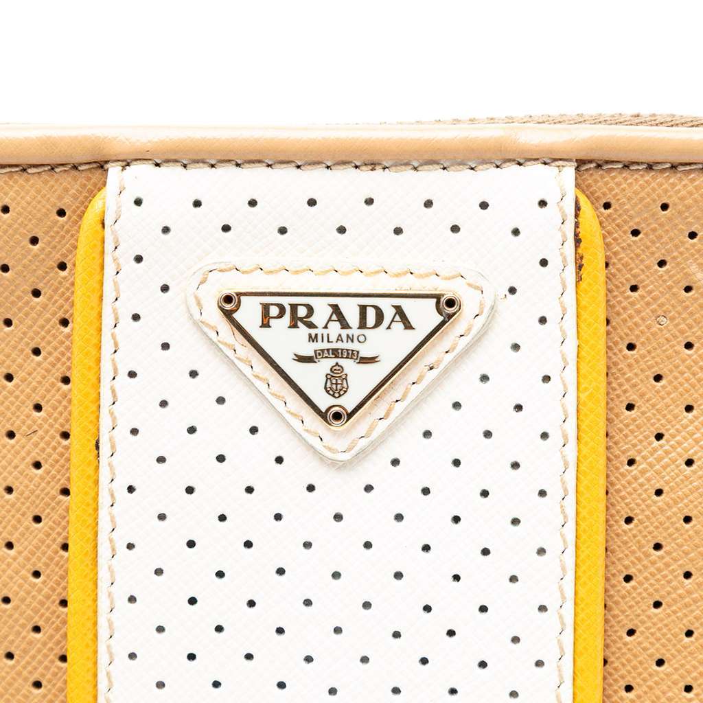 Prada Perforated Saffiano Wristlet Clutch Brown Leather Very good condition - Box View