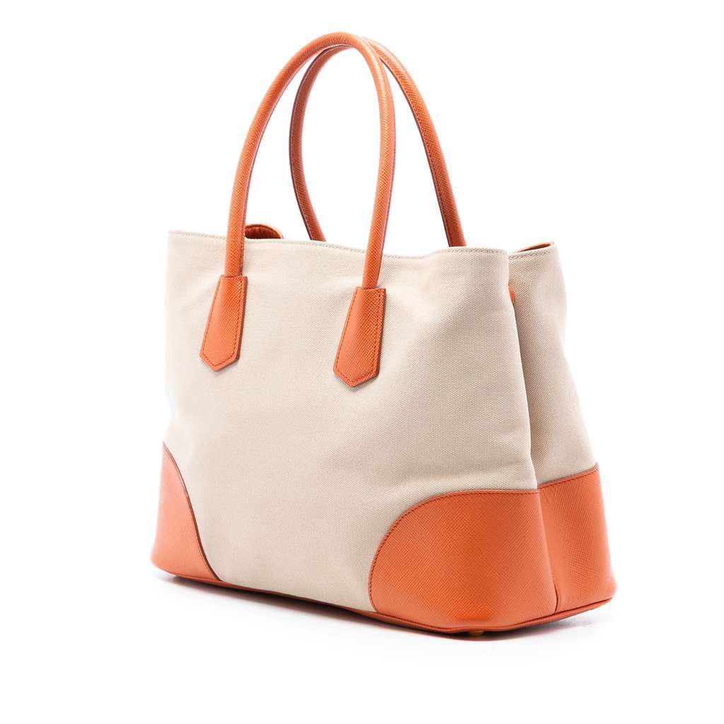 Prada Large Saffiano Trimmed Canapa Double Satchel Brown Canvas Very good condition - Back View