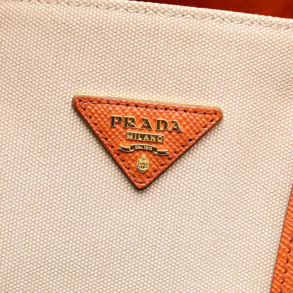 Prada Large Saffiano Trimmed Canapa Double Satchel Brown Canvas Very good condition - Box View