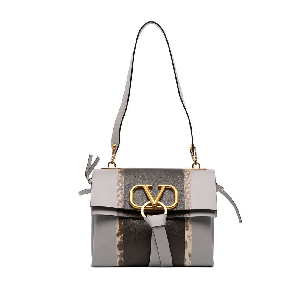 Valentino Small Watersnake Trimmed Colorblock Calfskin Vring Shoulder Bag Grey Leather Good - Front View