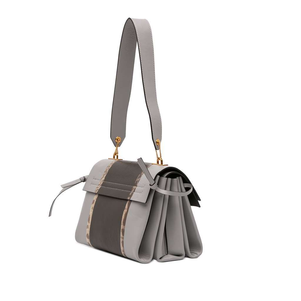 Valentino Small Watersnake Trimmed Colorblock Calfskin Vring Shoulder Bag Grey Leather Good - Back View