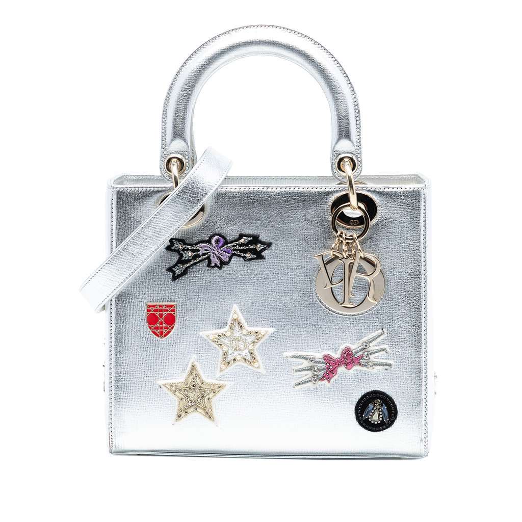 Dior Medium Calfskin Patch Embellished Lady Dior Silver Leather Very good - Front View