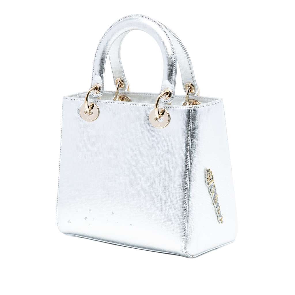 Dior Medium Calfskin Patch Embellished Lady Dior Silver Leather Very good - Back View