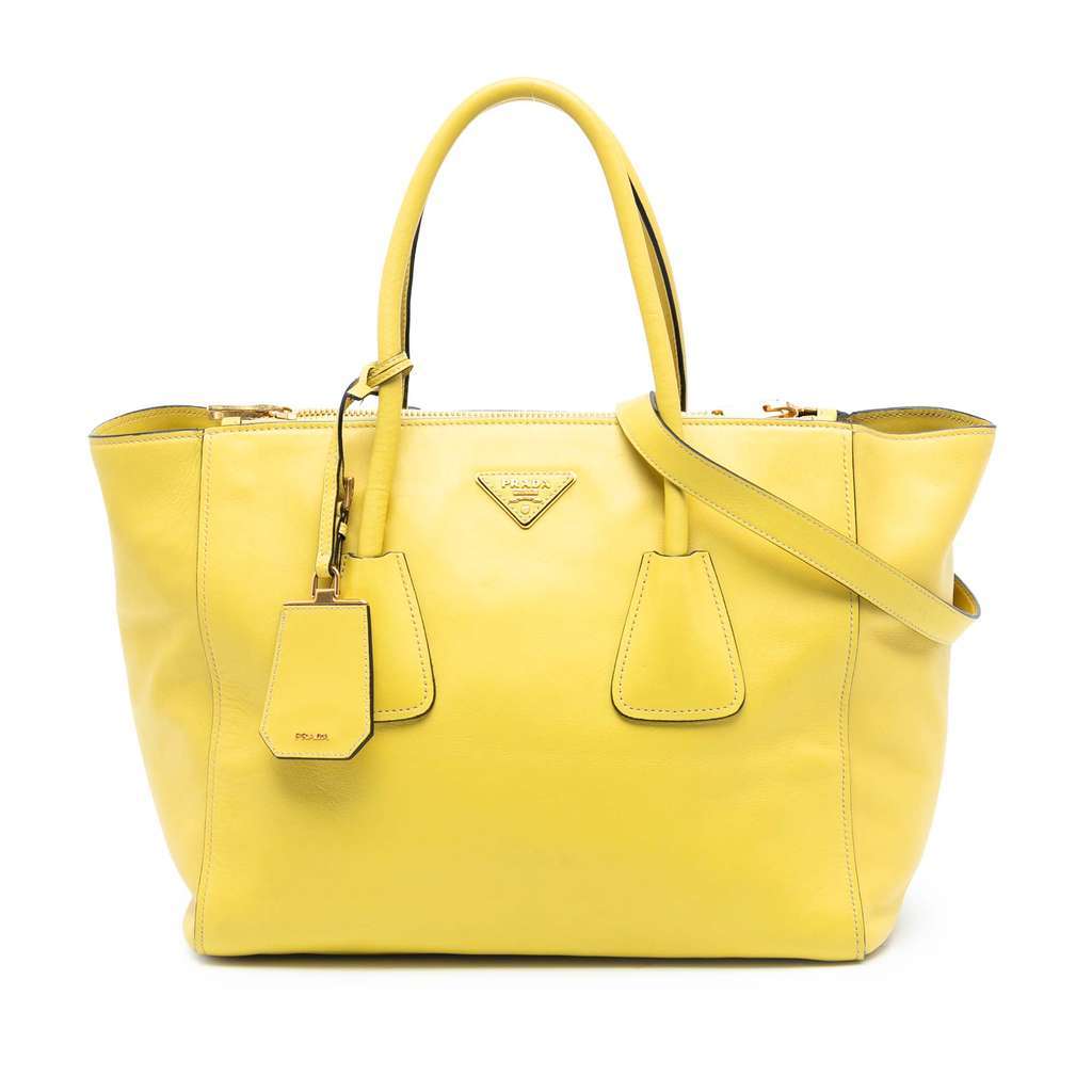 Prada Vitello Daino Double Zip Convertible Tote Yellow Leather Very good condition - Front View