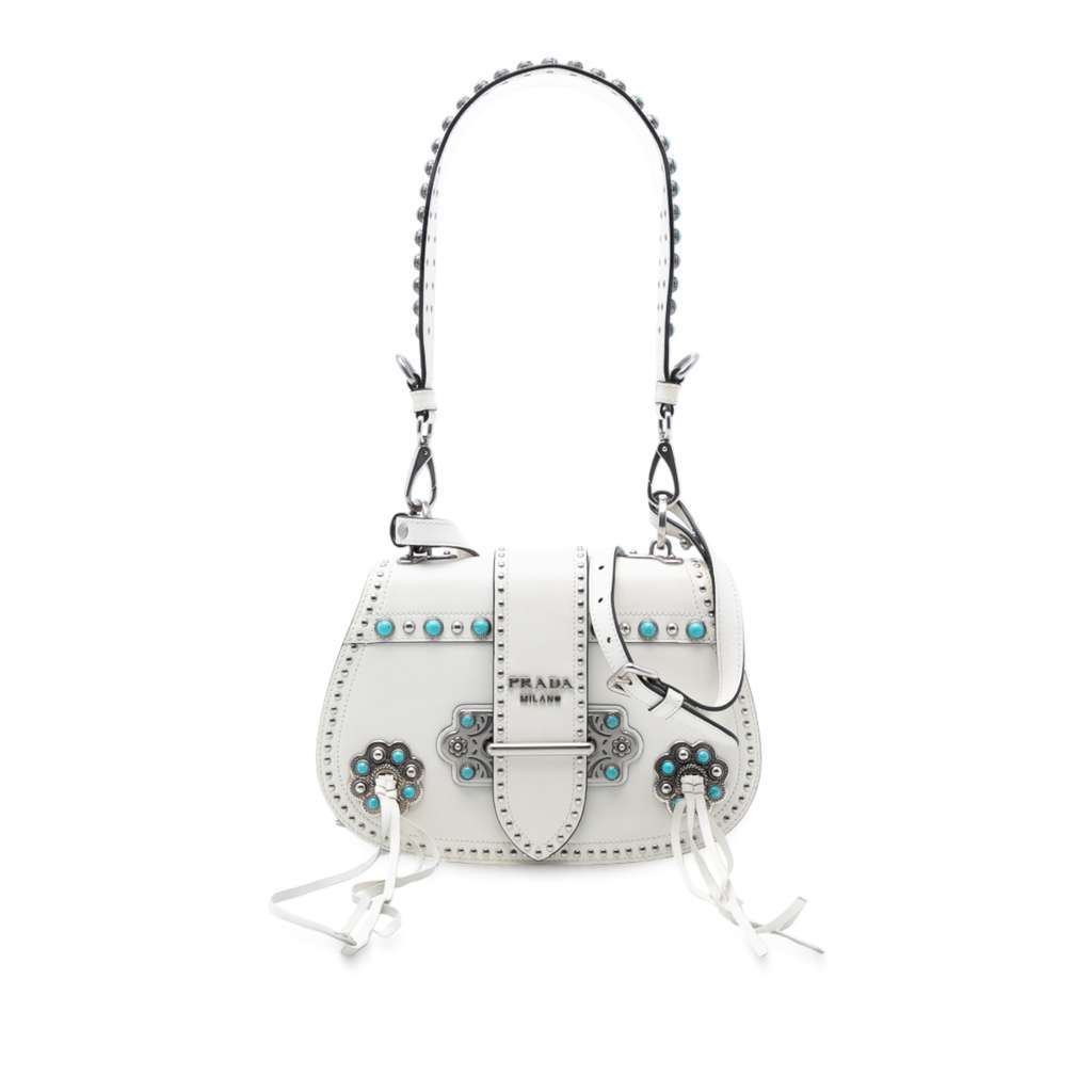 Prada City Calf Studded Folk Corsiere Satchel White Leather Very good condition - Front View