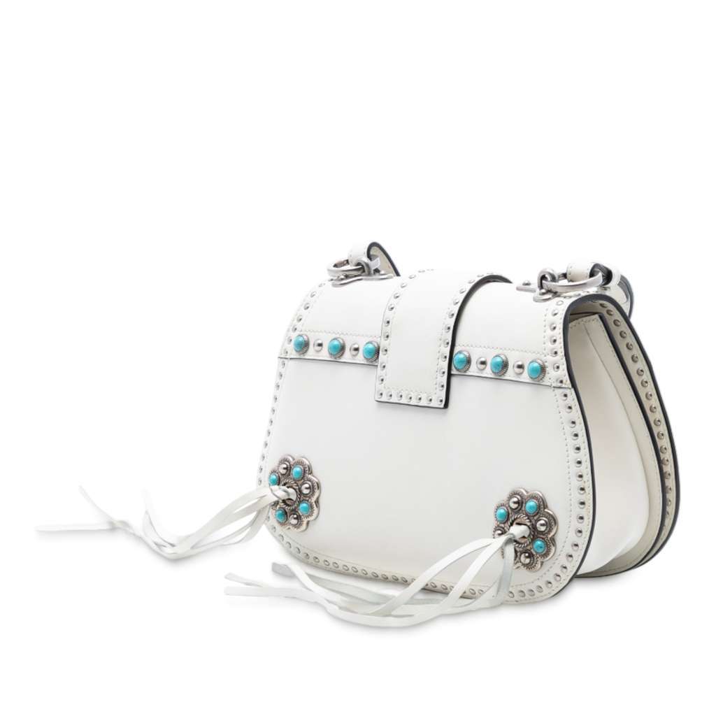 Prada City Calf Studded Folk Corsiere Satchel White Leather Very good condition - Back View