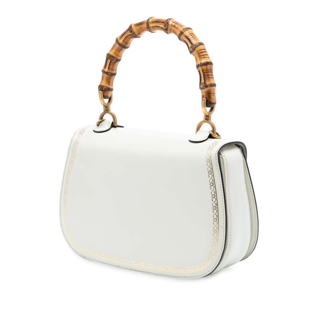 Gucci Calfskin Frame Print Bamboo Top Handle Bag White Leather Very good - Back View