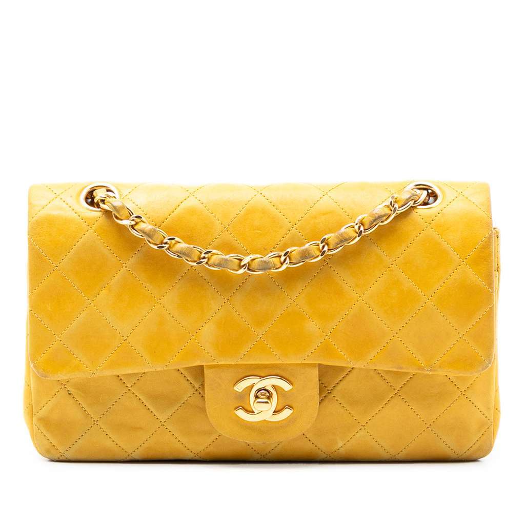 Chanel Small Classic Lambskin Double Flap Yellow Leather Good condition - Front View