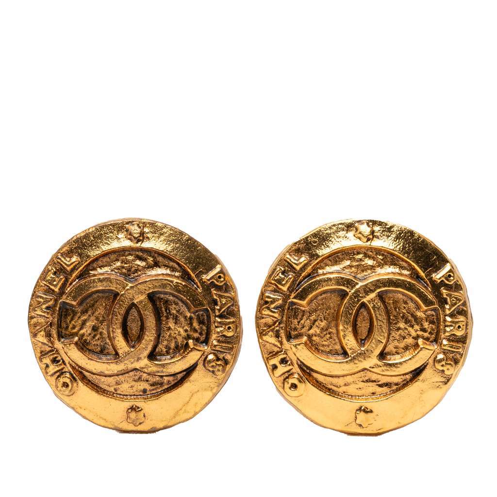 Chanel Gold Plated CC Round Clip On Earrings Gold Metal Very good - Front View