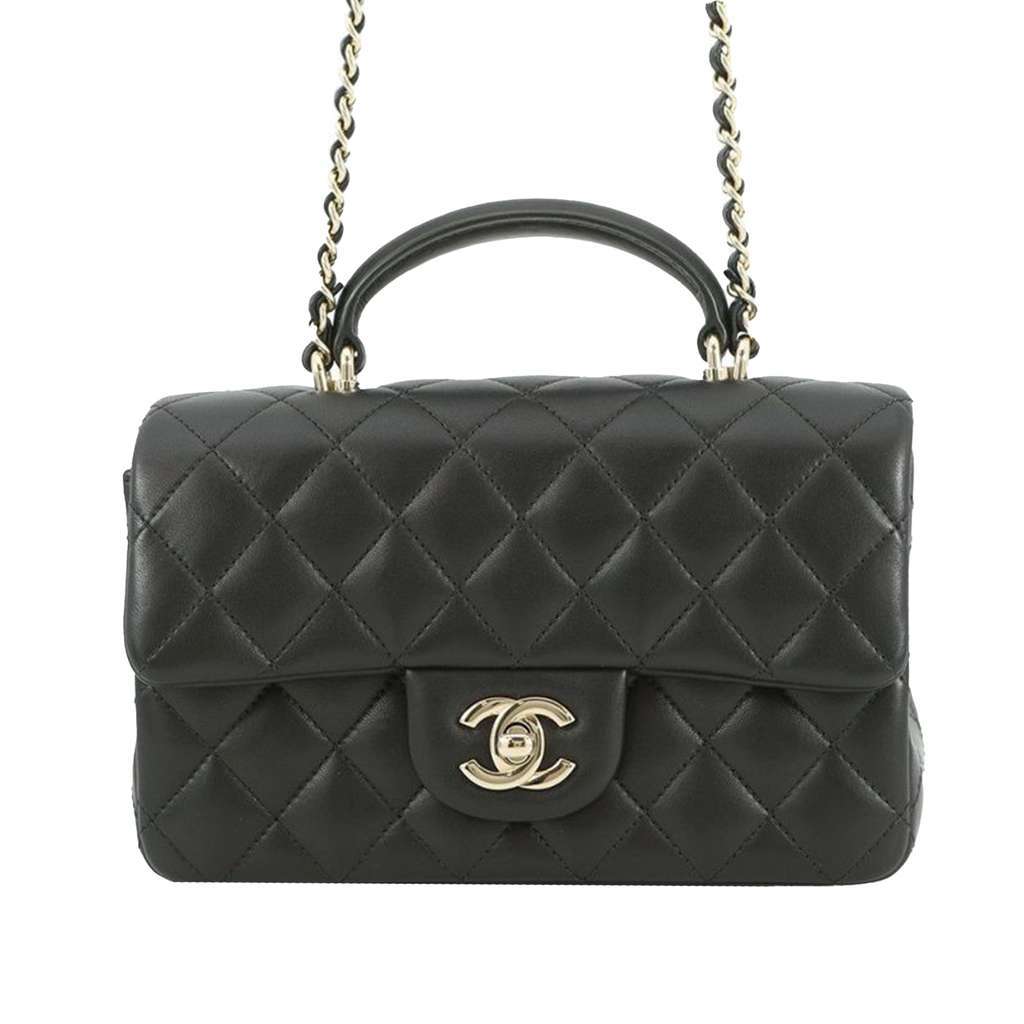 Chanel Mini Rectangular Classic Lambskin Top Handle Flap Black Leather Good - Front View