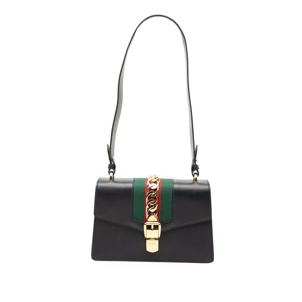 Gucci Small Leather Web Sylvie Satchel Black Leather Good - Front View