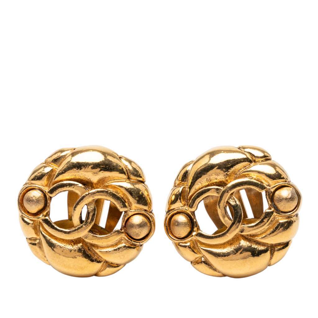 Chanel Gold Plated CC Round Clip On Earrings Gold Metal Very good - Front View