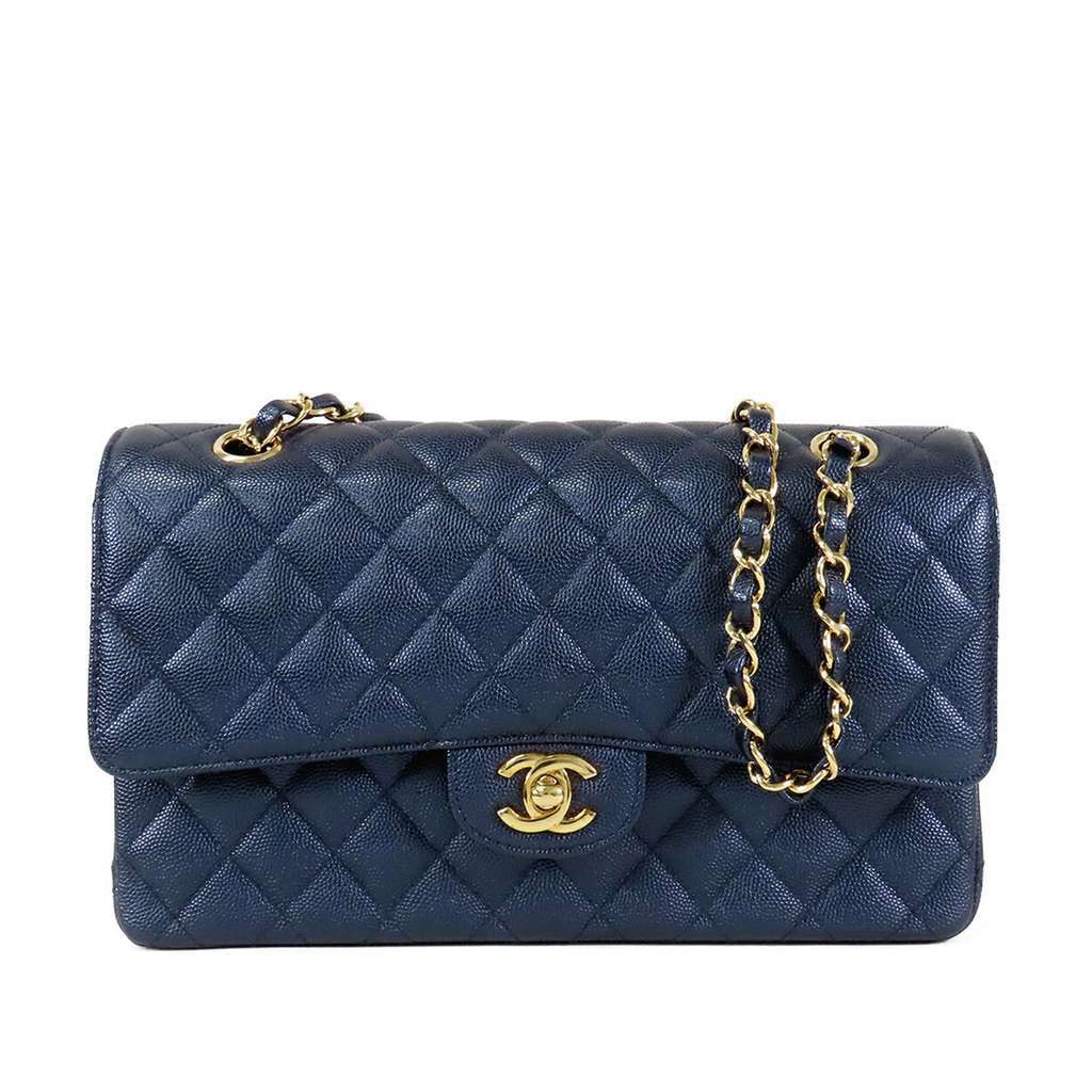 Chanel Medium Classic Caviar Double Flap Blue Leather Very good condition - Front View