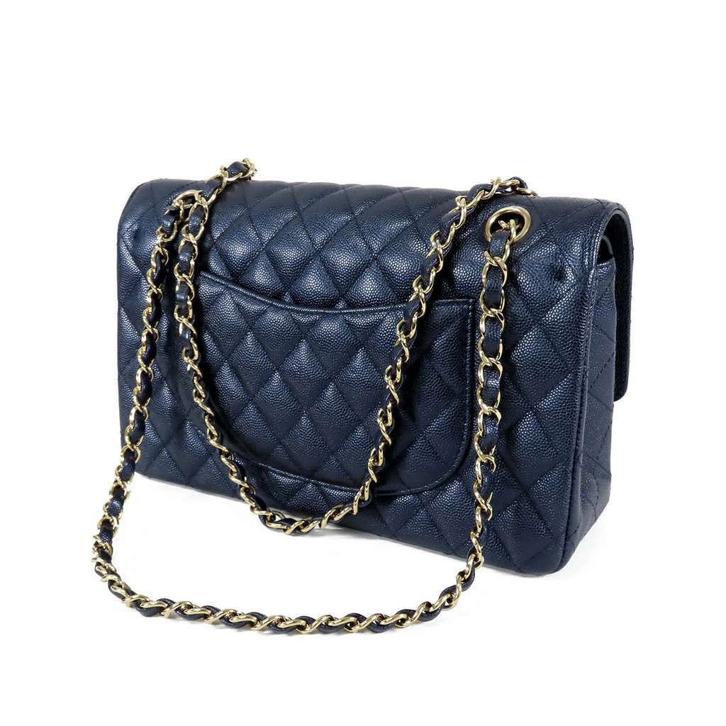 Chanel Medium Classic Caviar Double Flap Blue Leather Very good condition - Back View