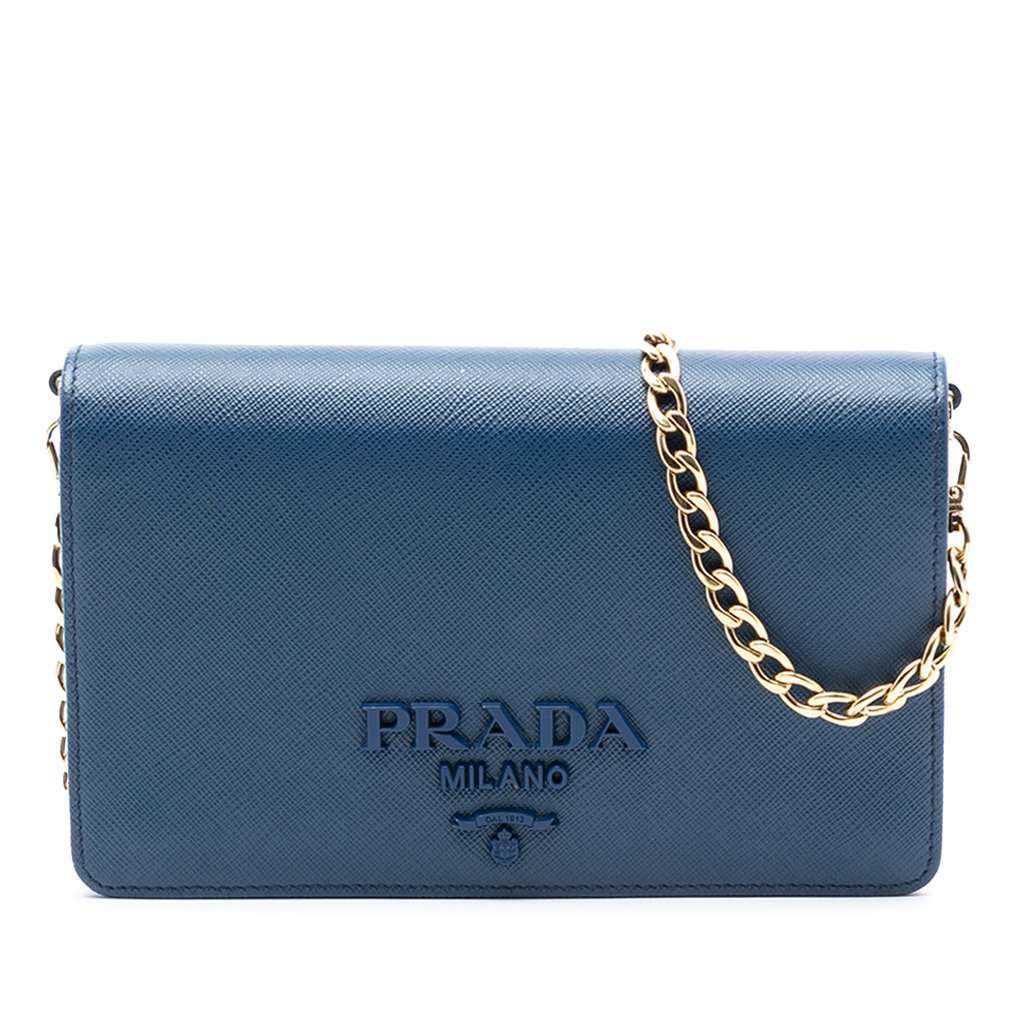 Prada Saffiano Lux Monochrome Wallet on Chain Blue Leather Very good condition - Front View