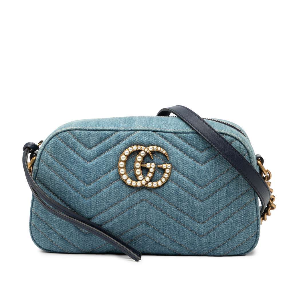 Gucci Small GG Marmont Matelasse Denim Pearly Crossbody Blue Denim Very good - Front View