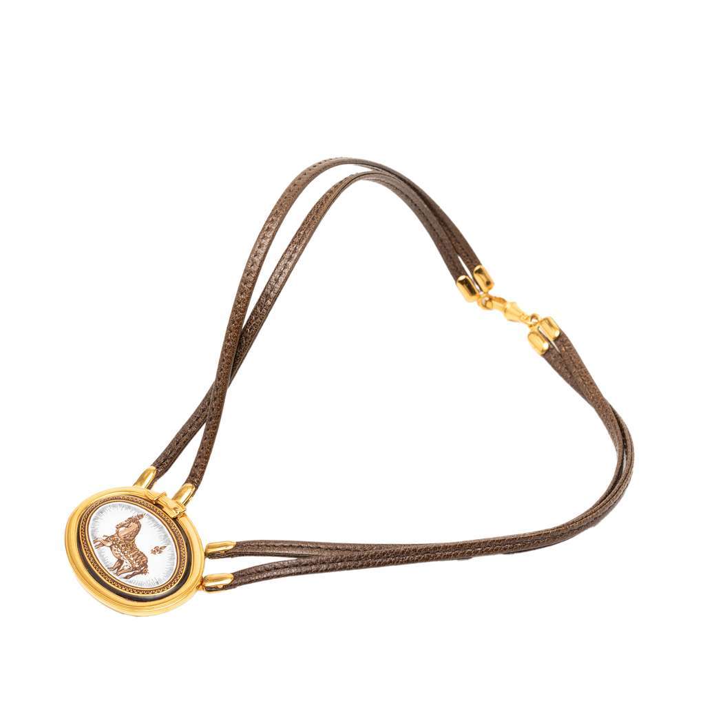 Hermès Leather and Enamel Grand Apparat Pendant Necklace Brown Leather Good condition - Model View