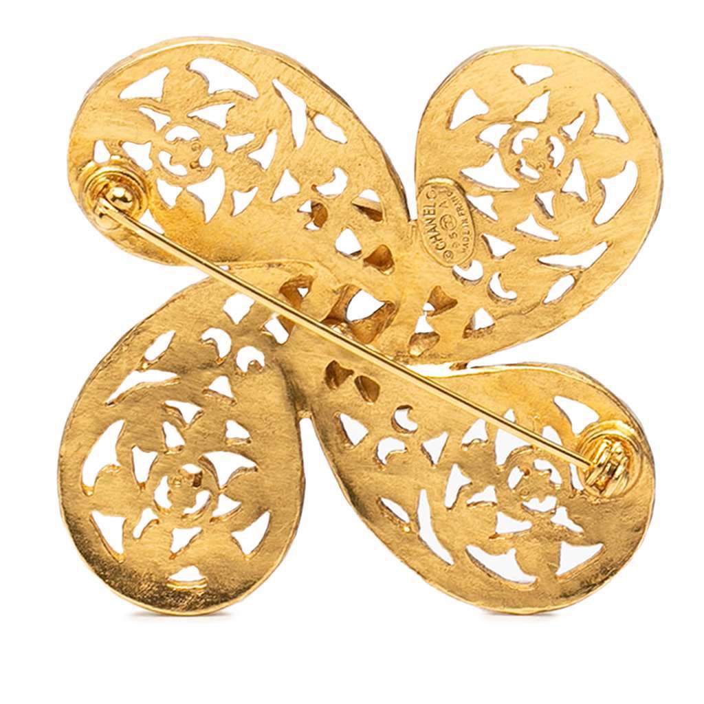 Chanel Gold Plated CC Fretwork Clover Brooch Gold Metal Very good - Back View