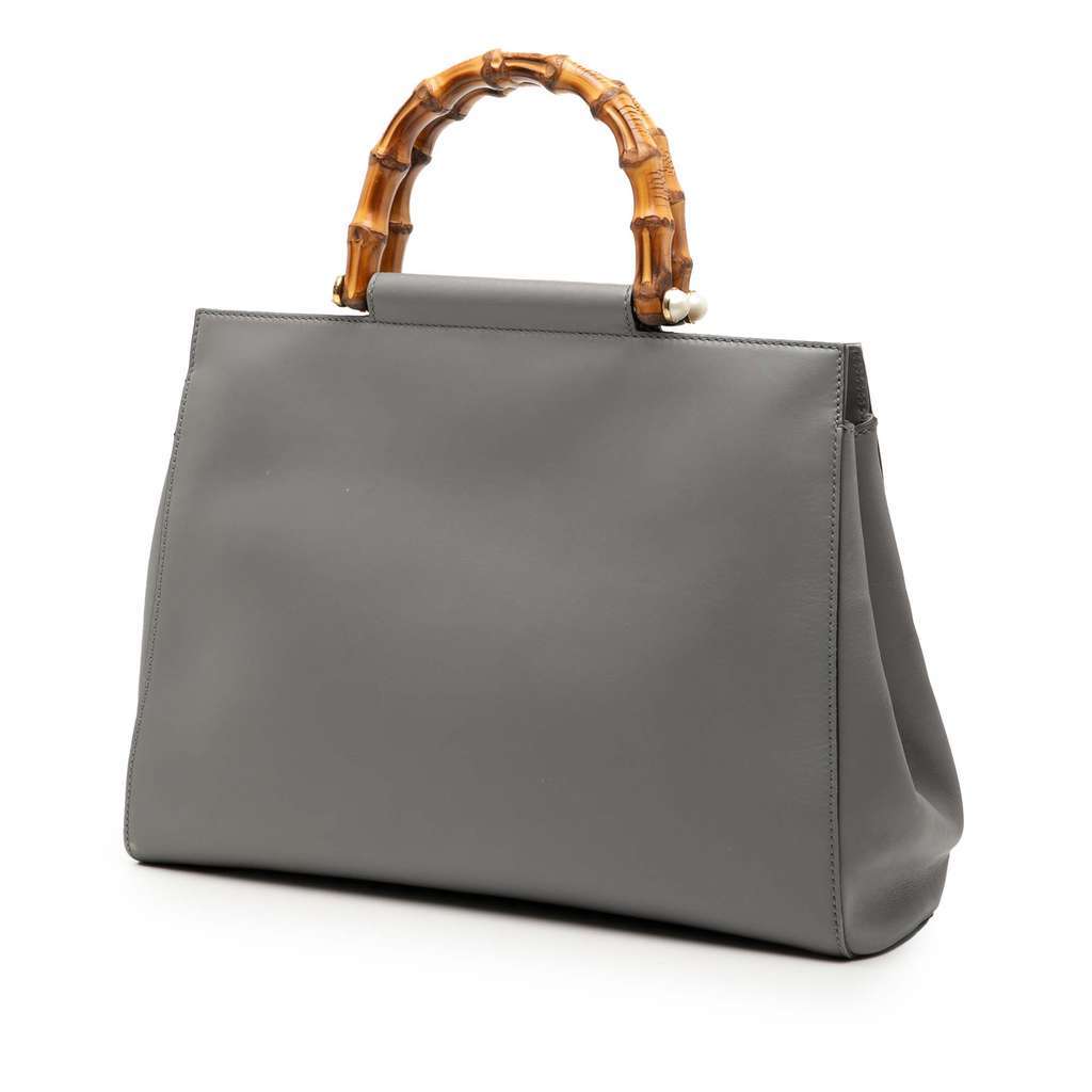 Gucci Medium Leather Bamboo Nymphaea Satchel Grey Leather Good - Back View