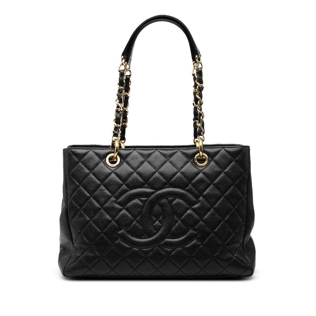 Chanel Caviar Grand Shopping Tote Black Leather Good - Front View