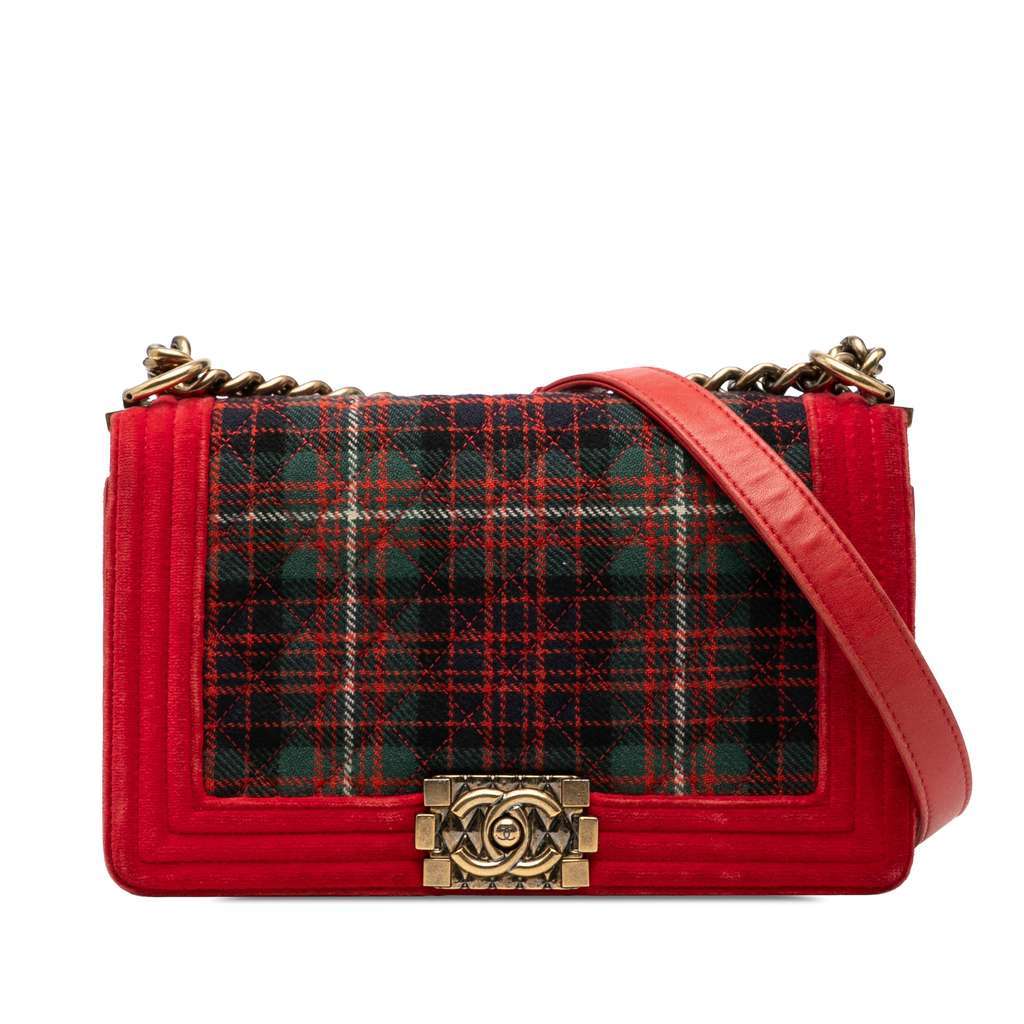 Chanel Old Medium Quilted Tweed and Velvet Boy Flap Red Velvet Very good - Front View