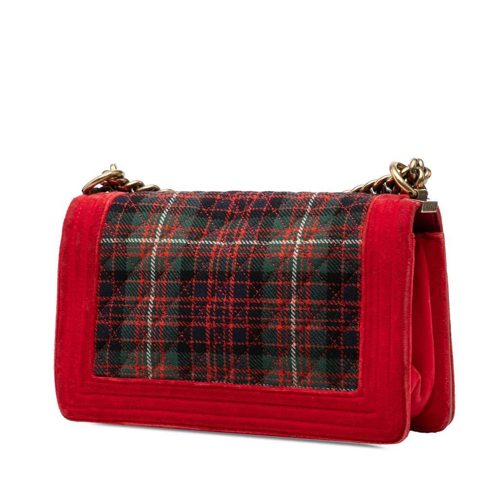 Chanel Old Medium Quilted Tweed and Velvet Boy Flap Red Velvet Very good - Back View