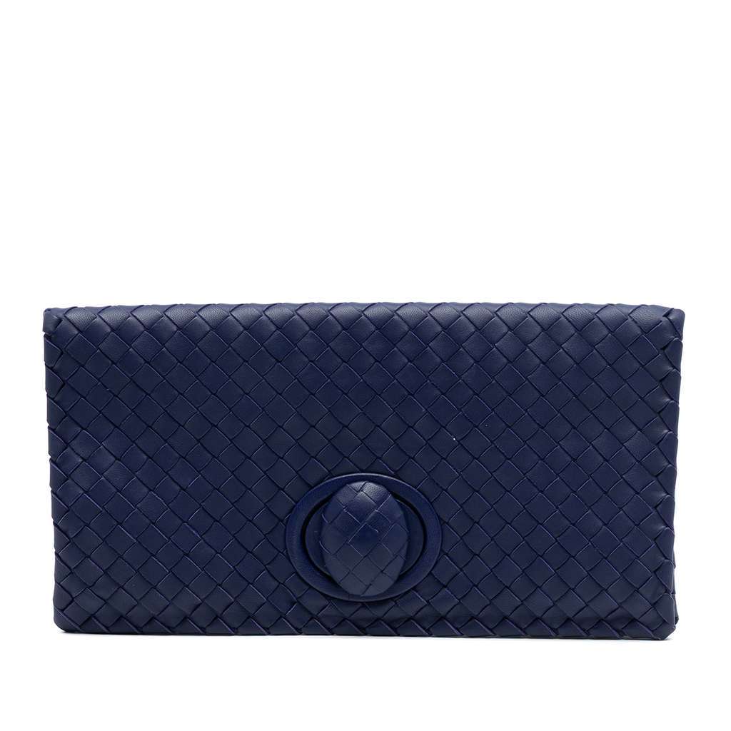 Bottega Veneta Nappa Intrecciato Turn Lock Clutch Blue Leather Very good condition - Front View