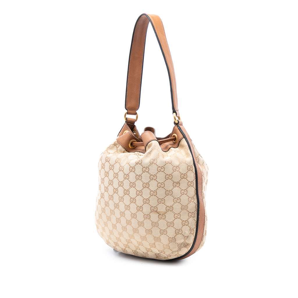 Gucci GG Canvas Web Rania Drawstring Hobo Brown Canvas Very good condition - Back View