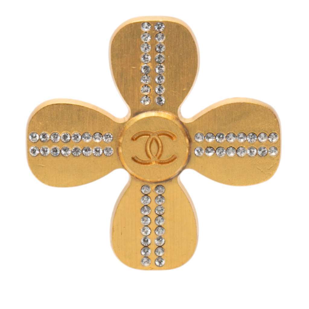 Chanel CC Gold Plated Rhinestones Clover Brooch Gold Metal Very good - Front View