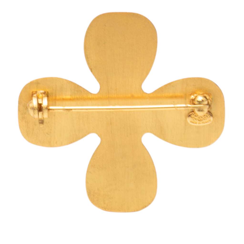 Chanel CC Gold Plated Rhinestones Clover Brooch Gold Metal Very good - Back View