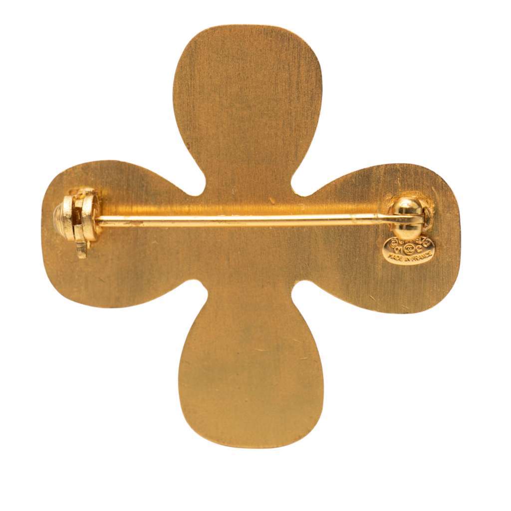 Chanel CC Gold Plated Rhinestones Clover Brooch Gold Metal Very good - Inside View