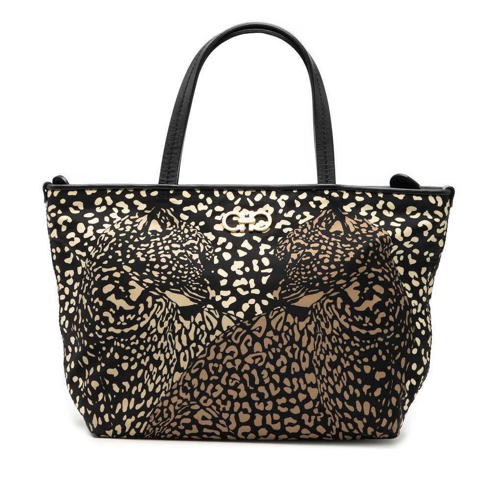 Salvatore Ferragamo Nylon Leopard Print Gancini Tote Black Very good condition - Front View