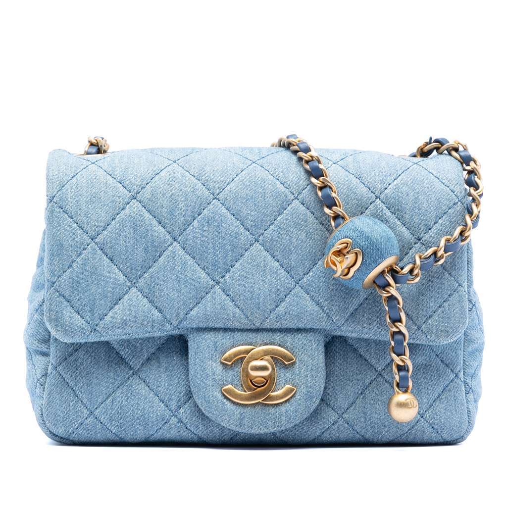 Chanel Mini Square Classic Denim Pearl Crush Single Flap Blue Denim Good - Front View