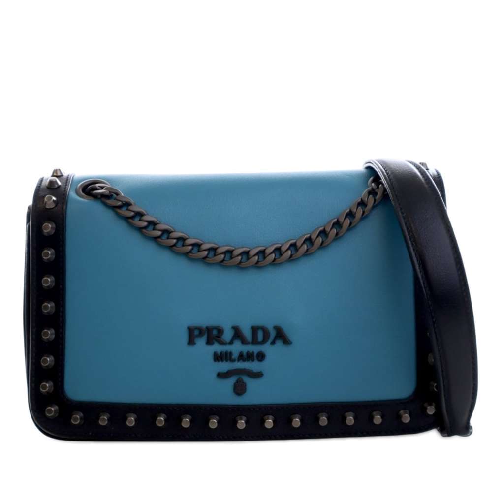 Prada Bicolor Glace Calfskin Studded Crossbody Blue Leather Very good - Front View