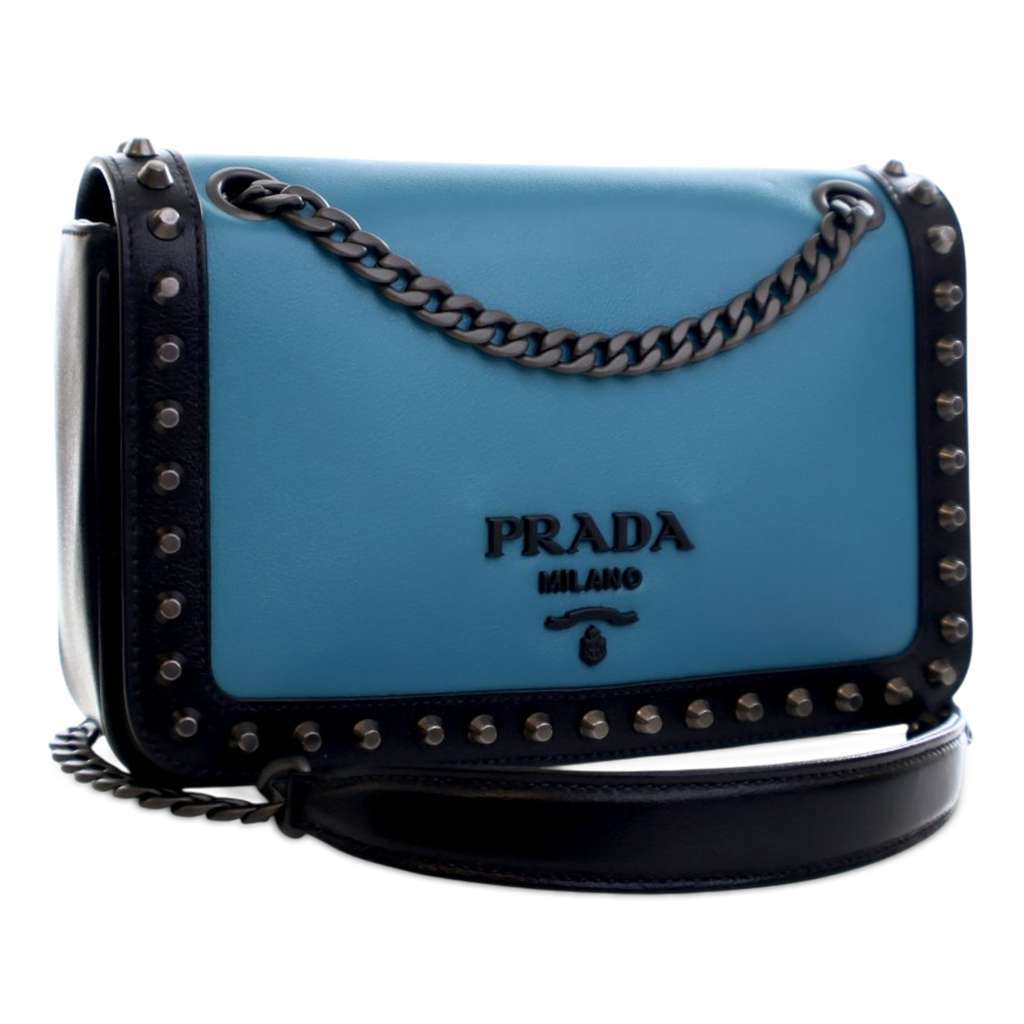 Prada Bicolor Glace Calfskin Studded Crossbody Blue Leather Very good - Back View