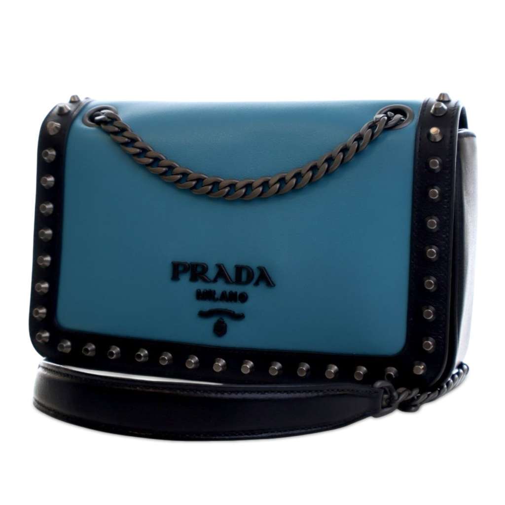 Prada Bicolor Glace Calfskin Studded Crossbody Blue Leather Very good - Inside View