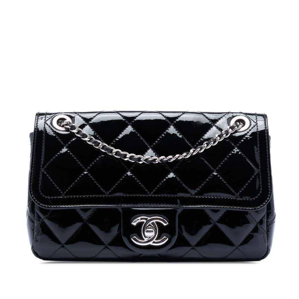 Chanel Small Quilted Patent Coco Shine Flap Black Leather Good - Front View