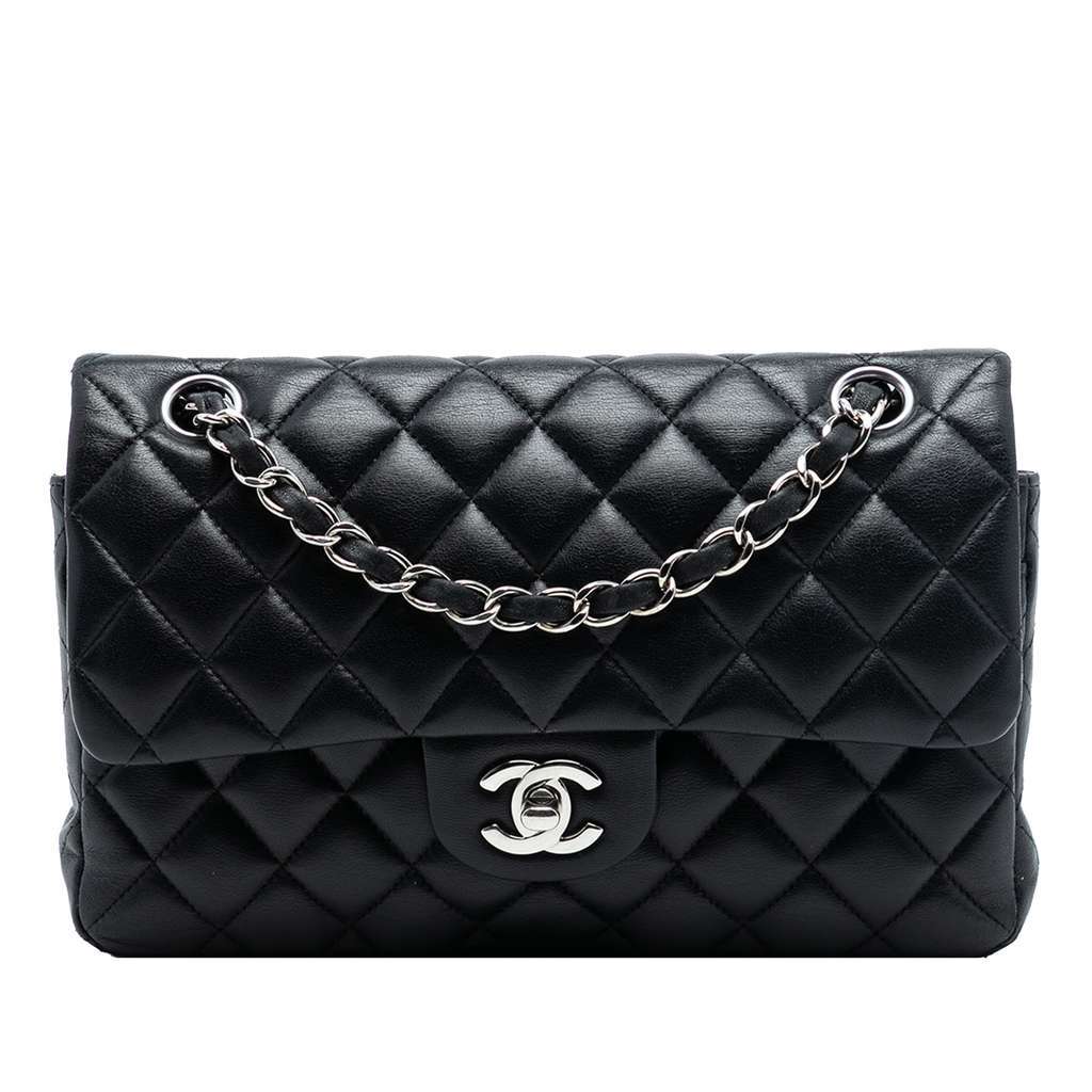 Chanel Small Classic Lambskin Double Flap Black Leather Good condition - Front View