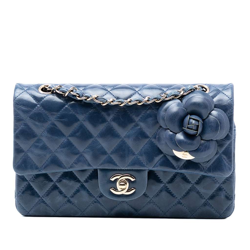 Chanel Medium Classic Glazed Calfskin Camellia Double Flap Blue Leather Very good - Front View