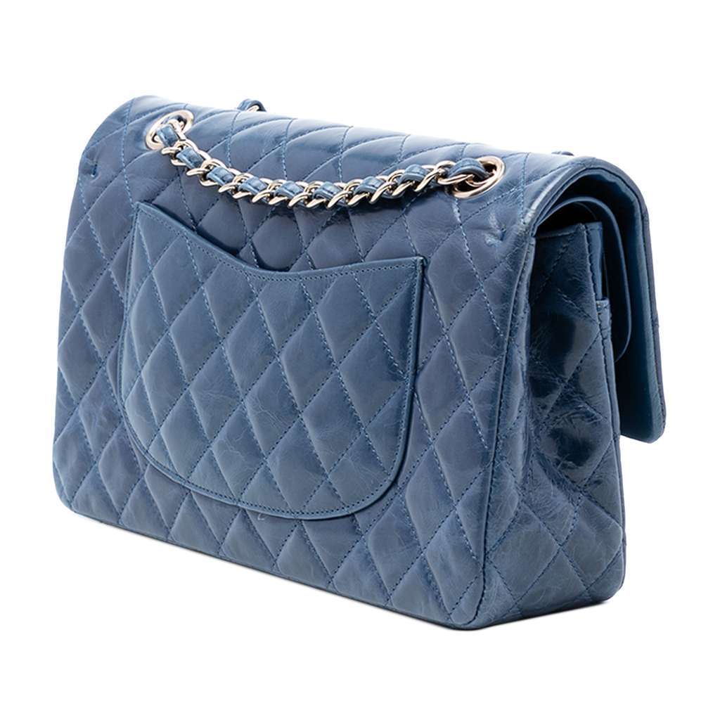 Chanel Medium Classic Glazed Calfskin Camellia Double Flap Blue Leather Very good - Back View