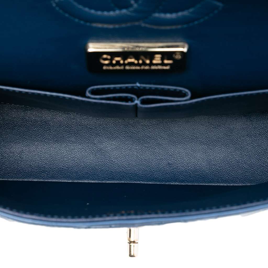 Chanel Medium Classic Glazed Calfskin Camellia Double Flap Blue Leather Very good - Model View