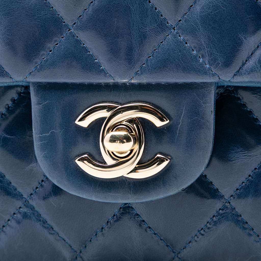 Chanel Medium Classic Glazed Calfskin Camellia Double Flap Blue Leather Very good - Box View