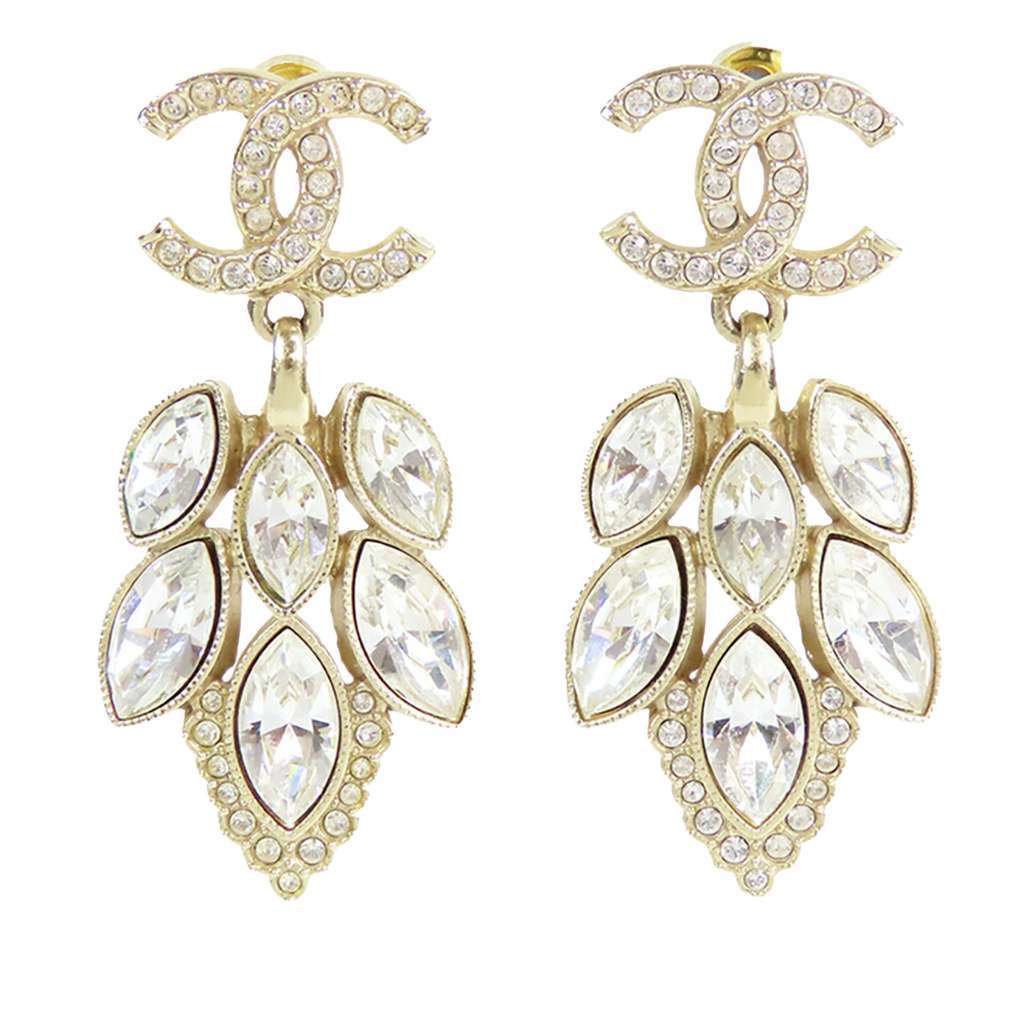 Chanel CC Gold Plated Rhinetone Drop Earrings Gold Metal Good - Front View