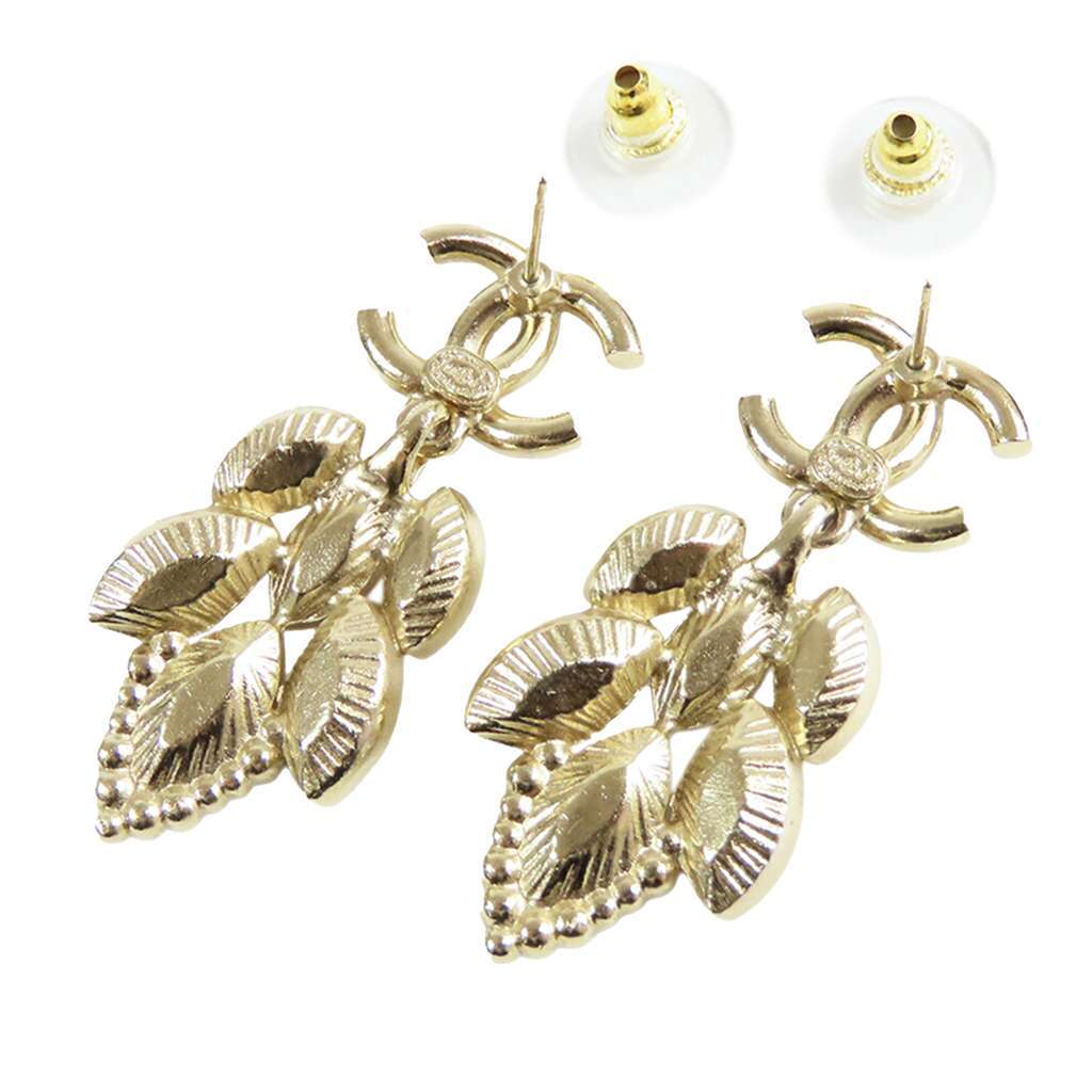 Chanel CC Gold Plated Rhinetone Drop Earrings Gold Metal Good - Back View