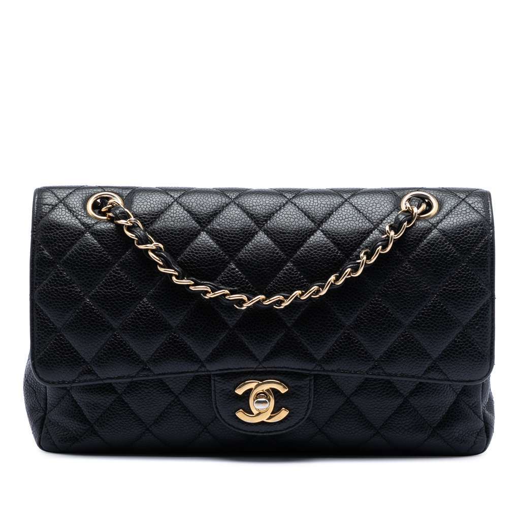 Chanel Medium Classic Caviar Double Flap Black Leather Good - Front View