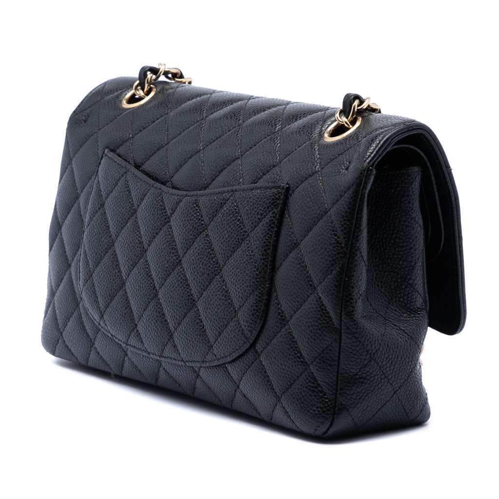 Chanel Medium Classic Caviar Double Flap Black Leather Good - Back View