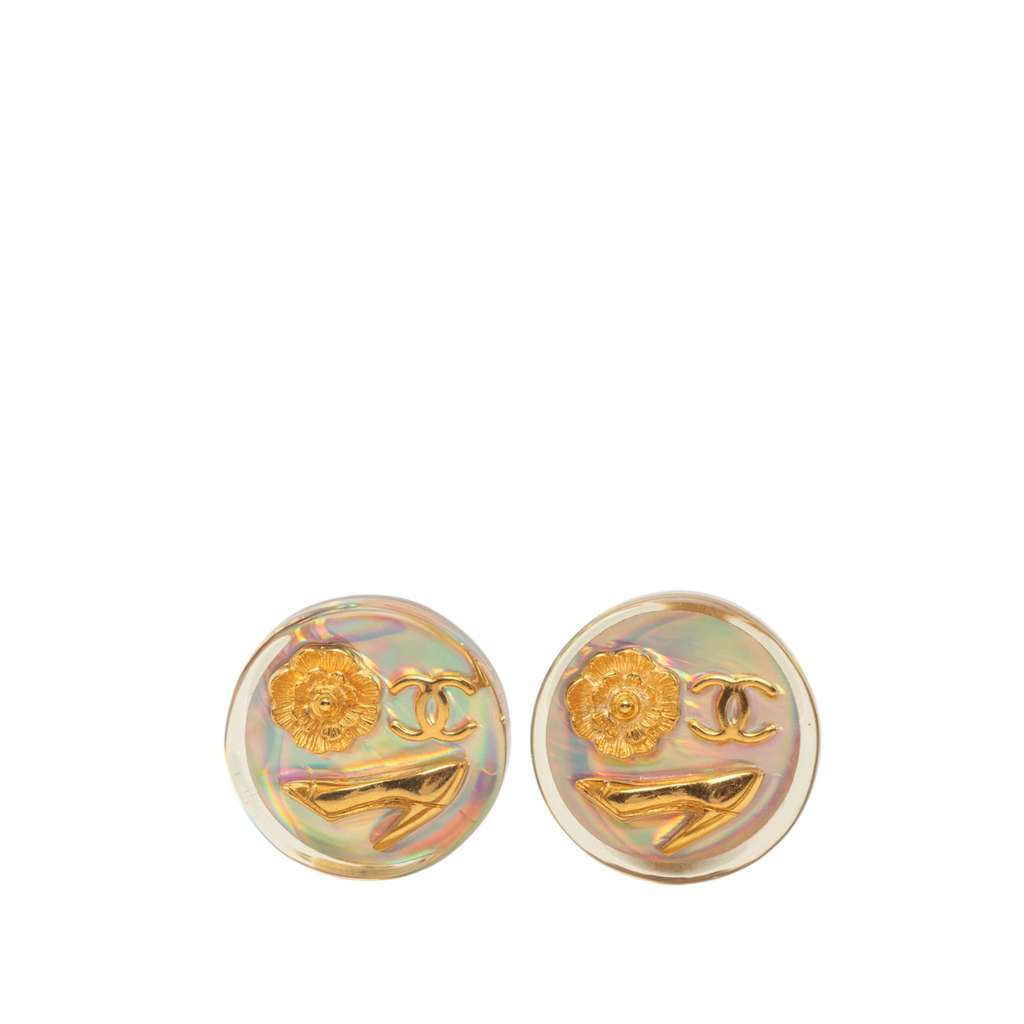 Chanel CC Gold Plated Resin Camellia Button Clip On Earrings White Very good - Front View