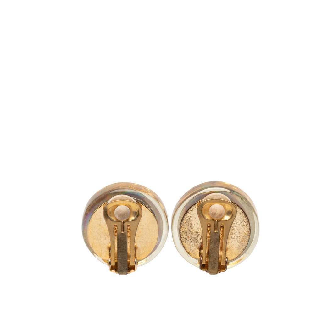 Chanel CC Gold Plated Resin Camellia Button Clip On Earrings White Very good - Back View