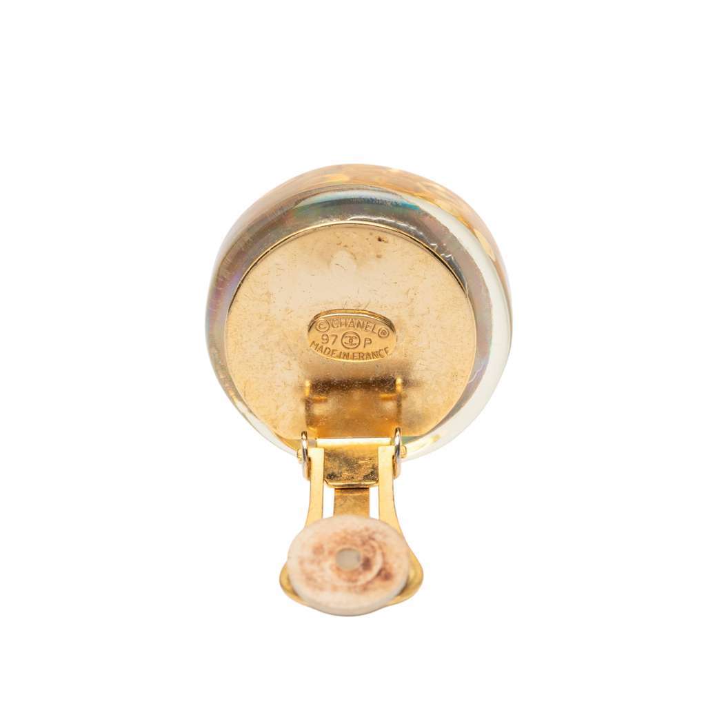 Chanel CC Gold Plated Resin Camellia Button Clip On Earrings White Very good - Inside View