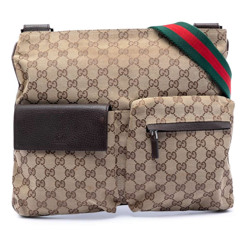Gucci GG Canvas Web Double Pocket Crossbody Brown Canvas Very good - Front View